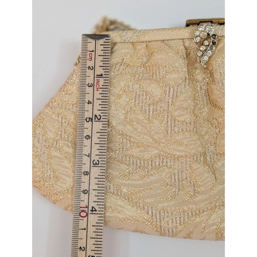 Vtg CFR Made in England Gold Brocade Evening Bag Rhinestone Clasp Chain Purse